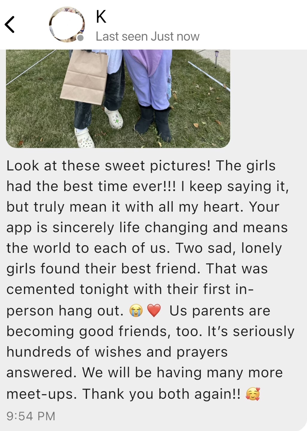 A parent's full message about two girls who met through Our Circle and met in person for the first time